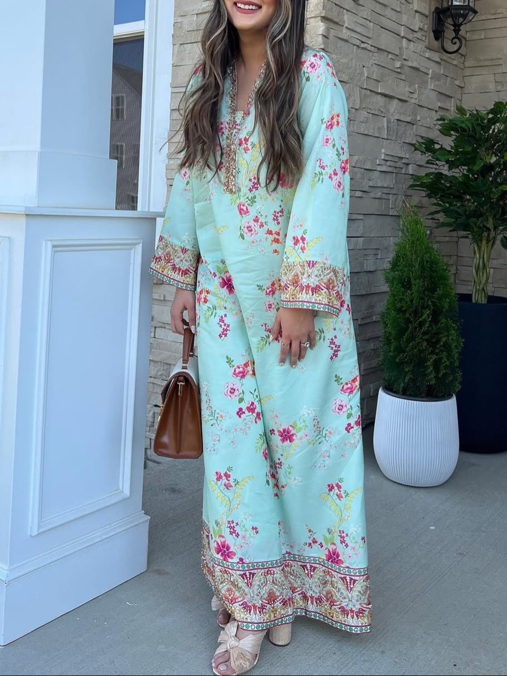 Ammara Khan Mint Bloom Kaftan - Mint Floral Kaftan Maxi with Embroidered Trim
